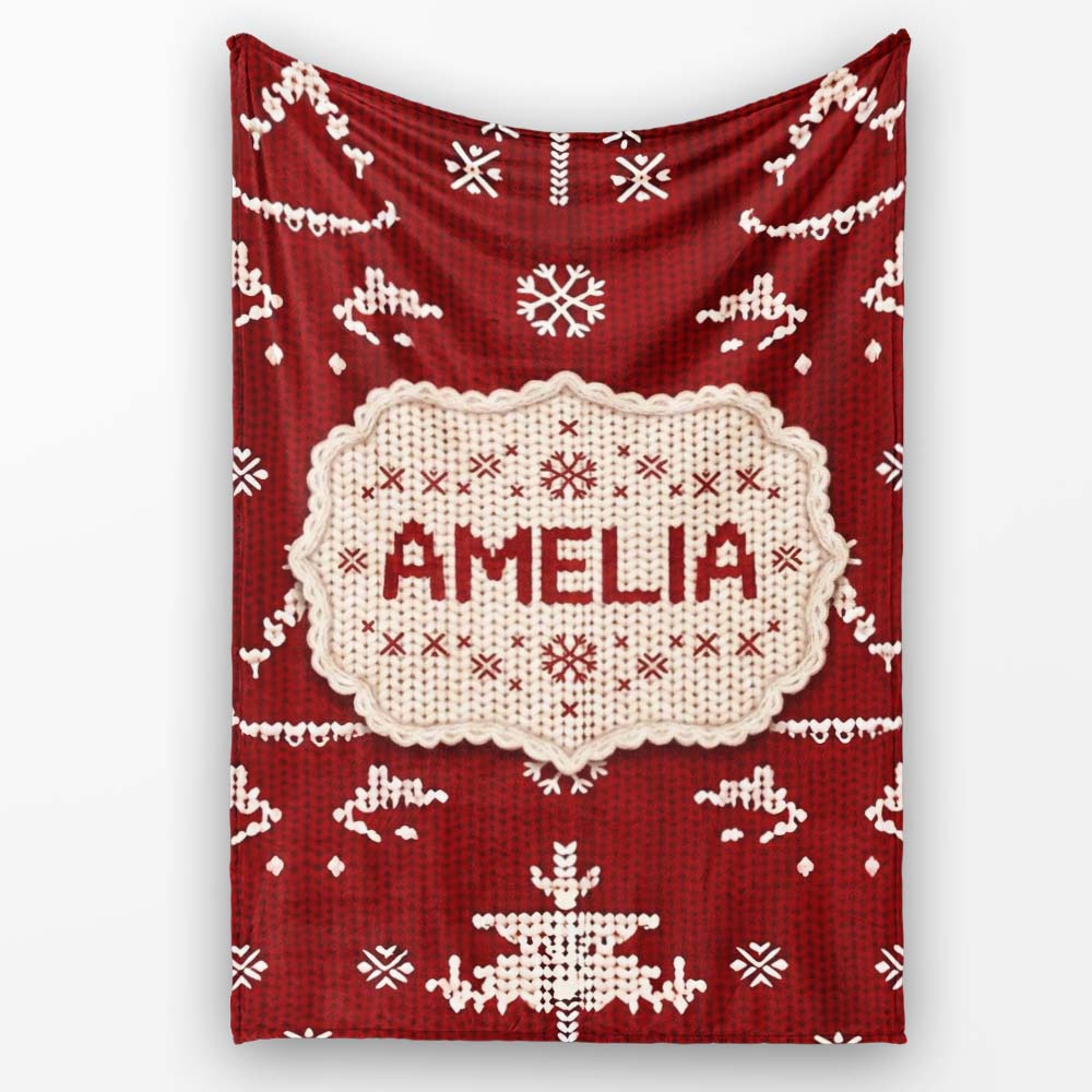 Cute Nordic Knitted Christmas Tree Snowflake Red Seamless Pattern Personalised Custom Name Super Soft Fleece Blanket Bed Sofa Throw