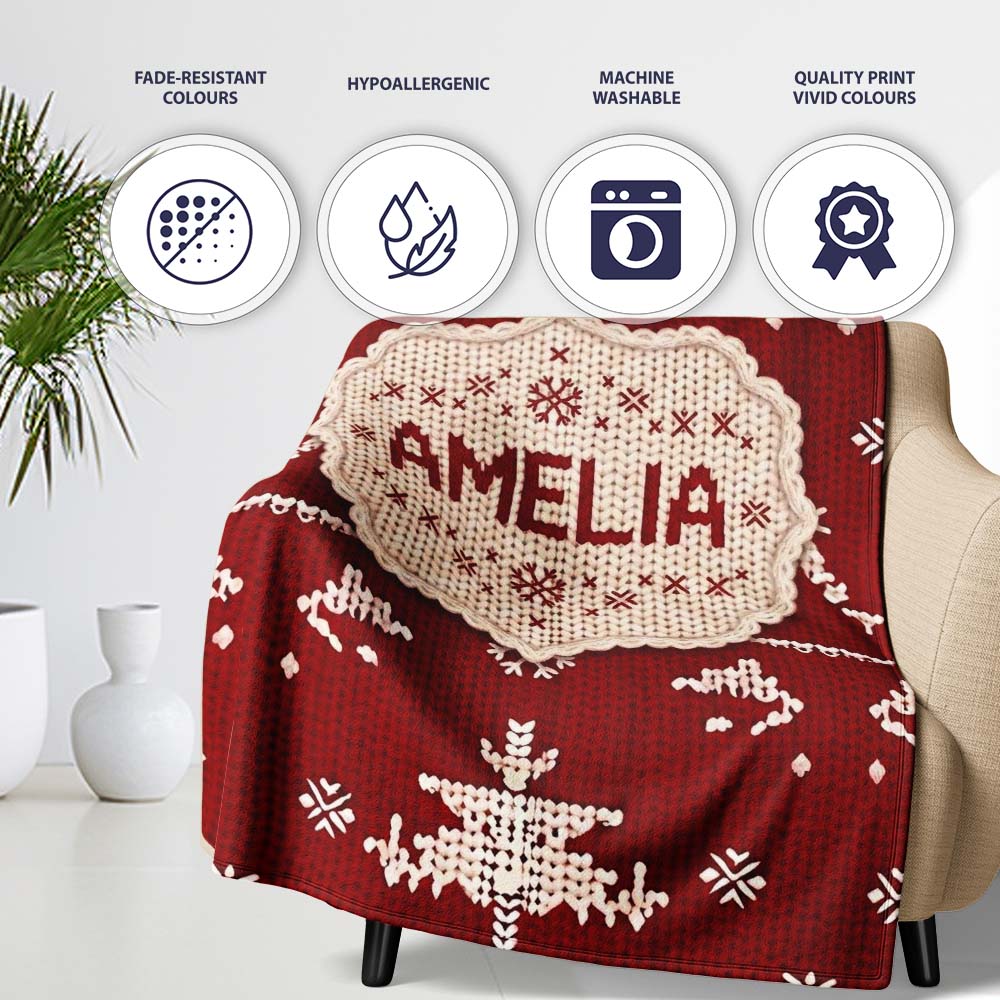 Cute Nordic Knitted Christmas Tree Snowflake Red Seamless Pattern Personalised Custom Name Super Soft Fleece Blanket Bed Sofa Throw