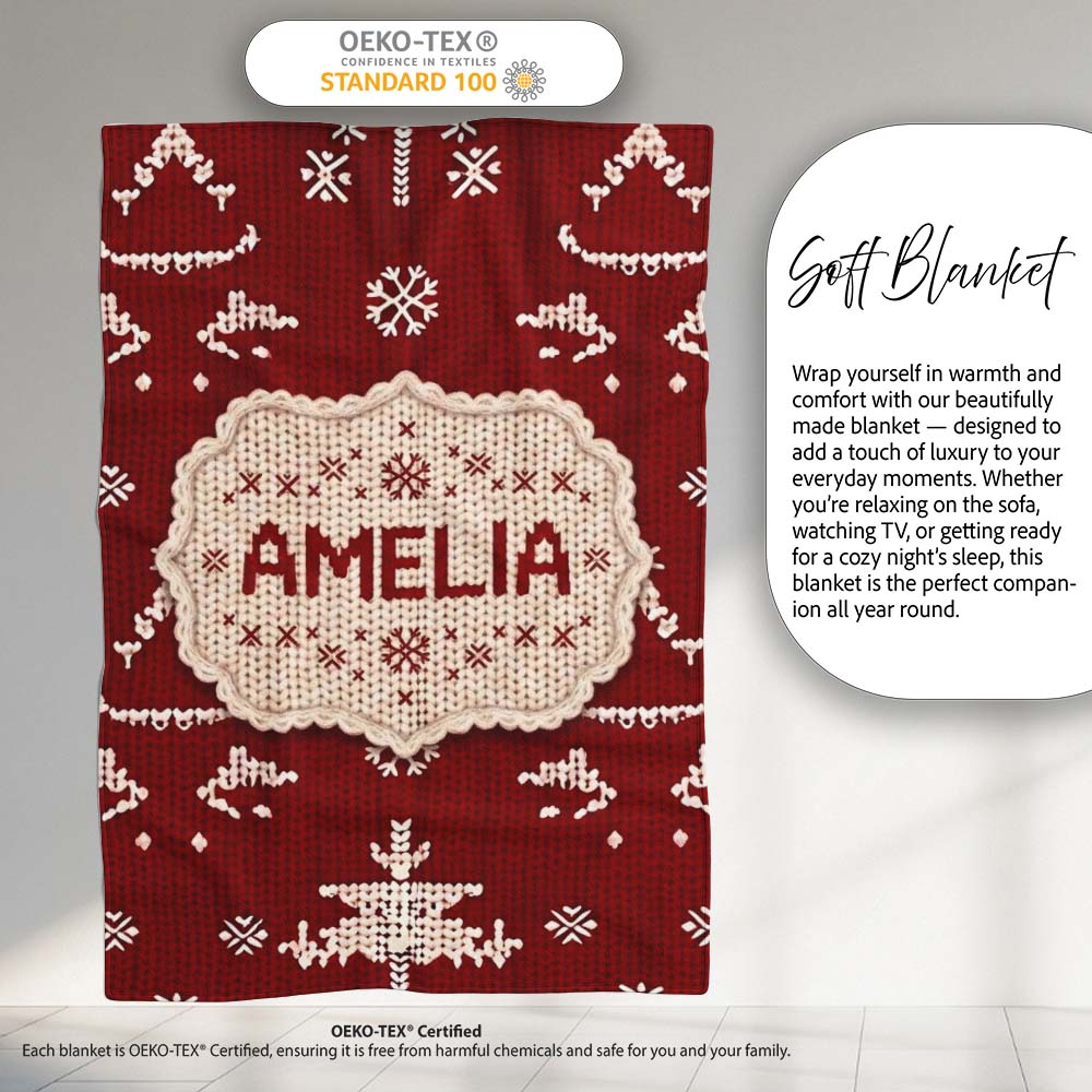 Cute Nordic Knitted Christmas Tree Snowflake Red Seamless Pattern Personalised Custom Name Super Soft Fleece Blanket Bed Sofa Throw