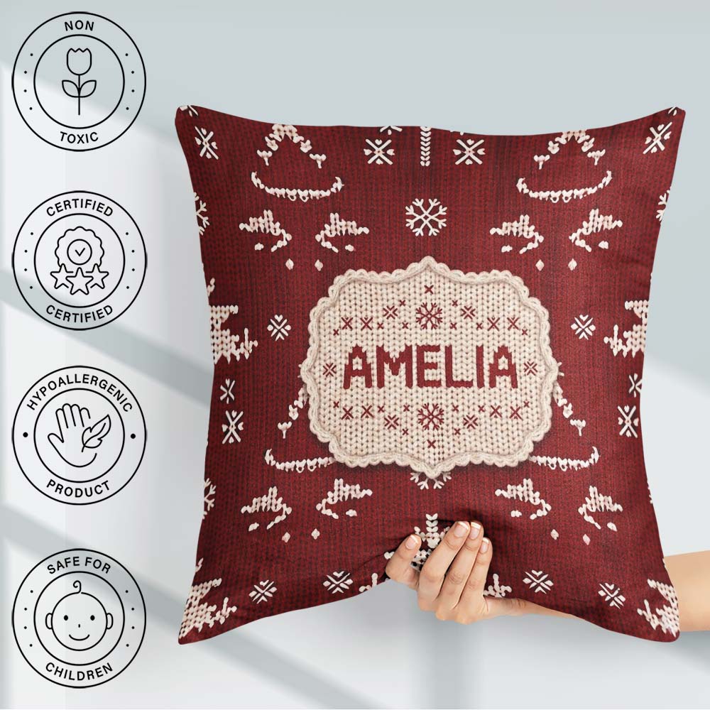 Custom Name Nordic Knitted Christmas Tree Snowflake Red Seamless Square Filled Cushion Throw Pillow Sofa Bed Home Decor Zip Washable UK Made