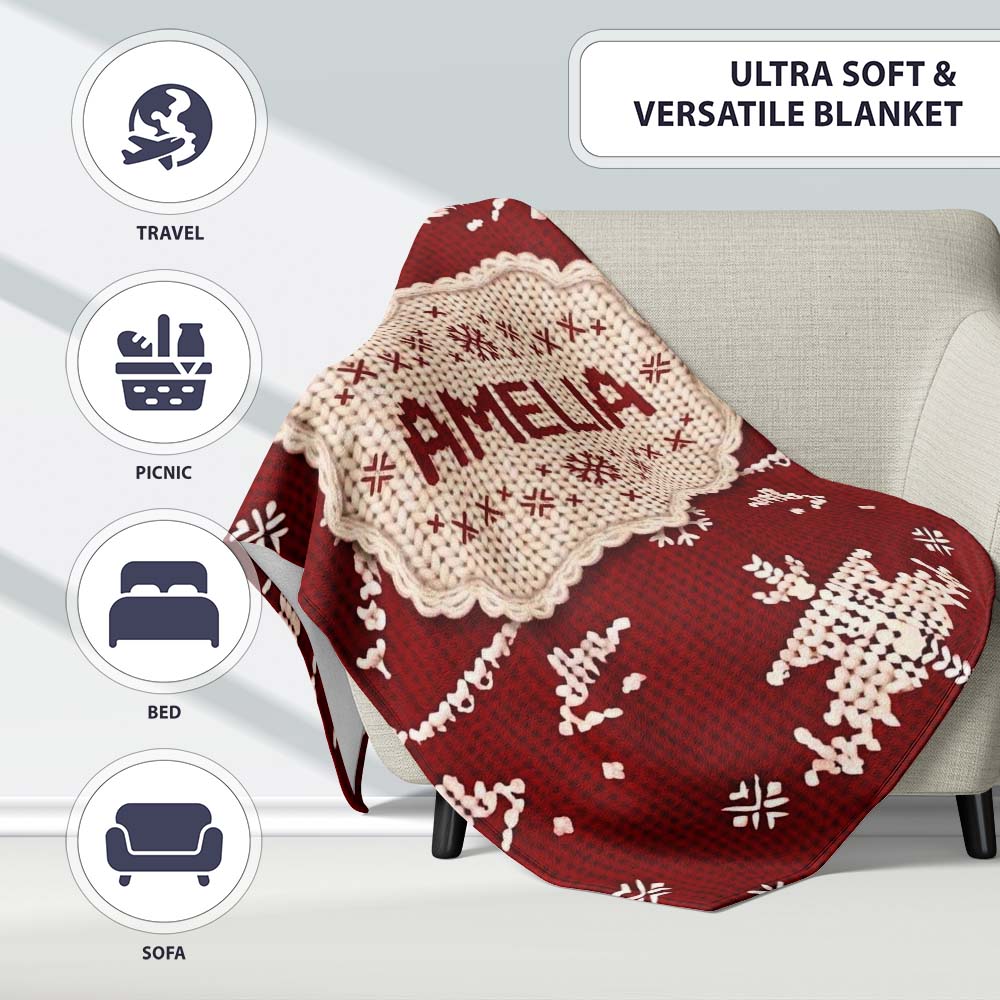 Cute Nordic Knitted Christmas Tree Snowflake Red Seamless Pattern Personalised Custom Name Super Soft Fleece Blanket Bed Sofa Throw