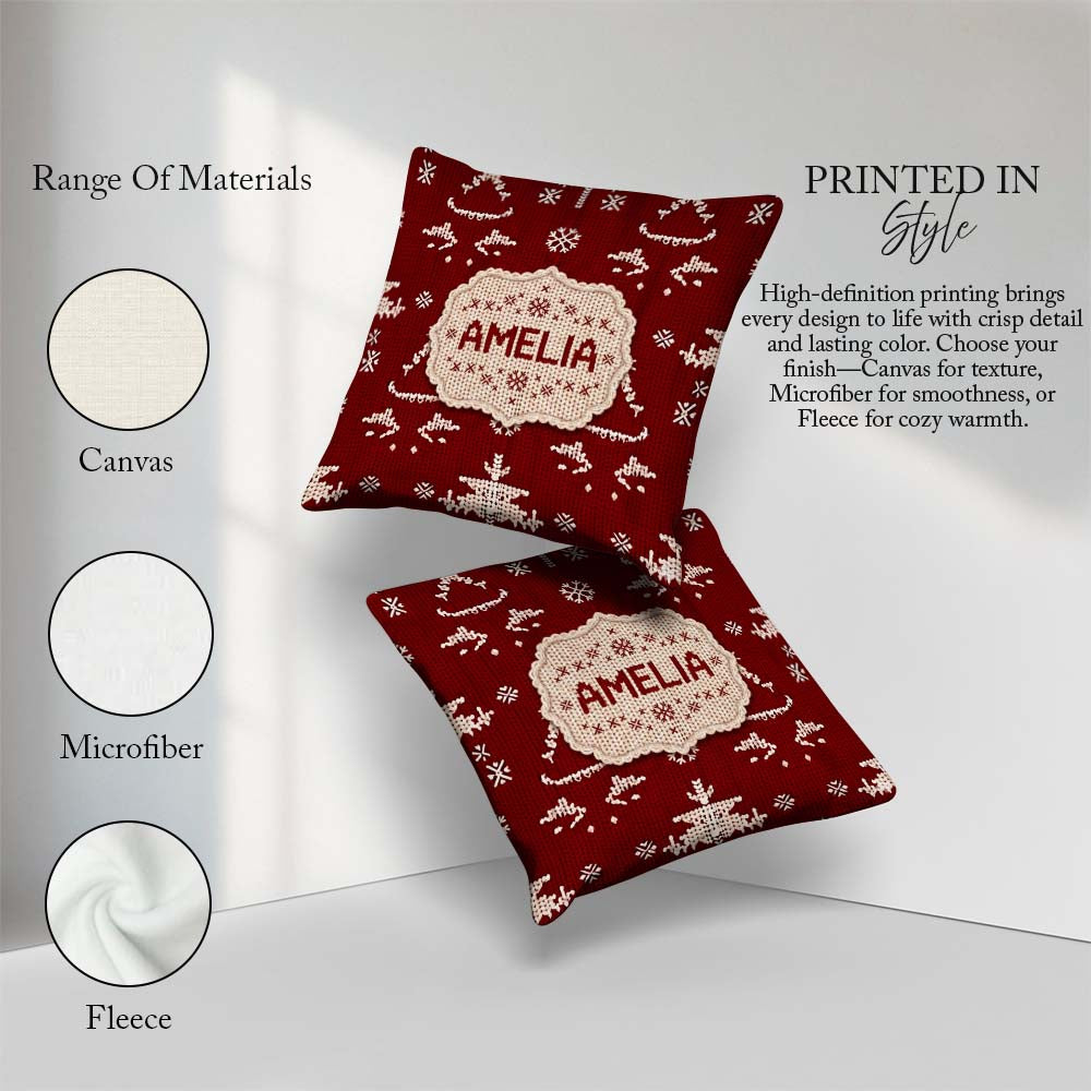 Custom Name Nordic Knitted Christmas Tree Snowflake Red Seamless Square Filled Cushion Throw Pillow Sofa Bed Home Decor Zip Washable UK Made