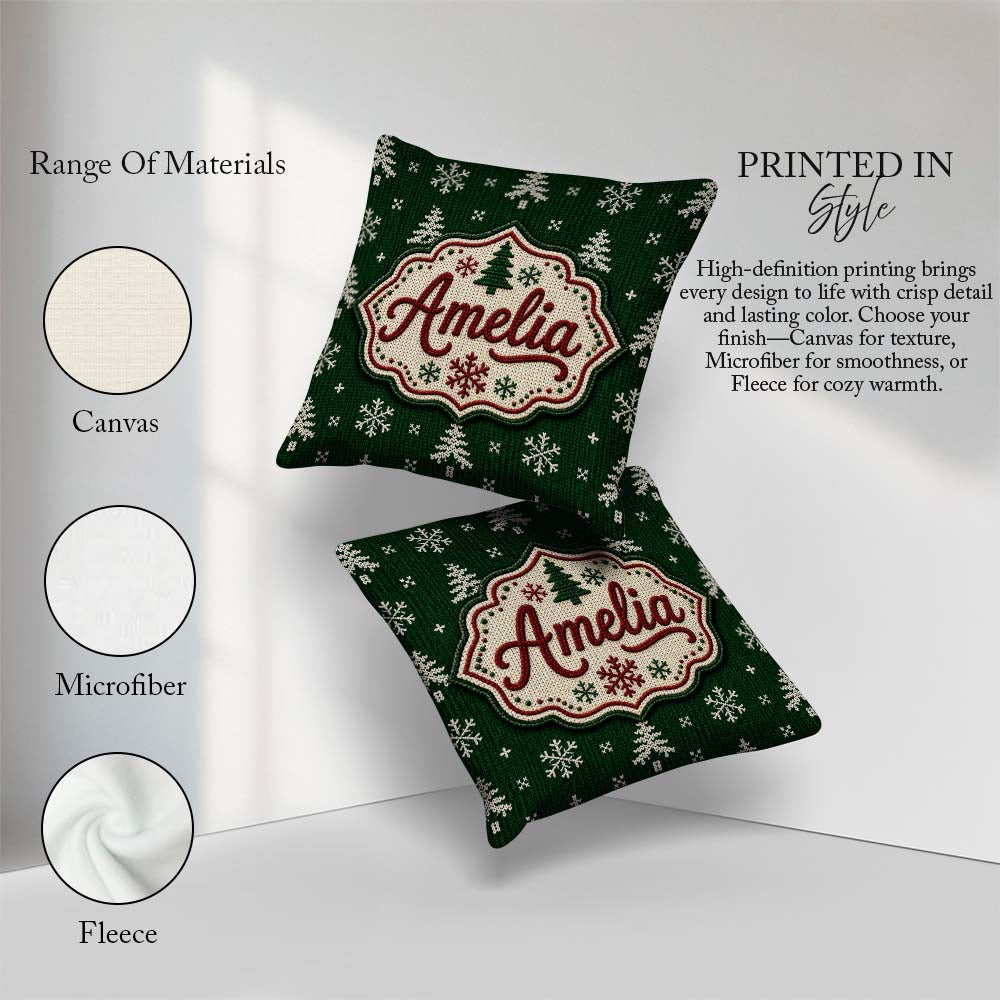 Custom Name Green Knitted Christmas Tree Nordic Seamless Pattern Square Filled Cushion Throw Pillow Sofa Bed Home Decor Zip Washable UK Made