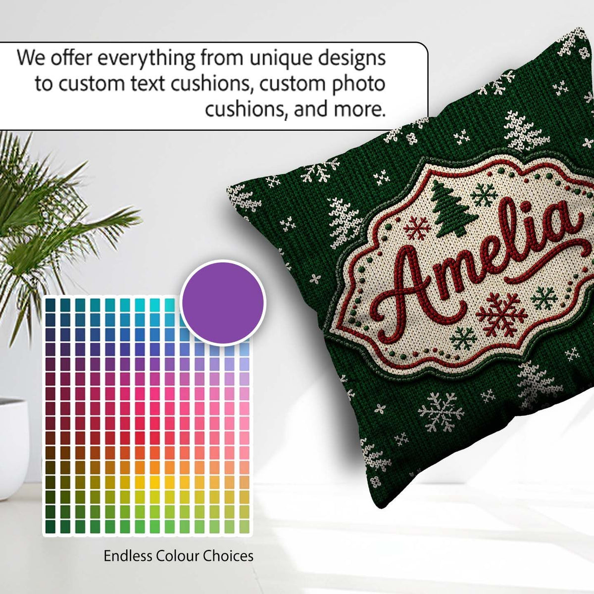 Custom Name Green Knitted Christmas Tree Nordic Seamless Pattern Square Filled Cushion Throw Pillow Sofa Bed Home Decor Zip Washable UK Made