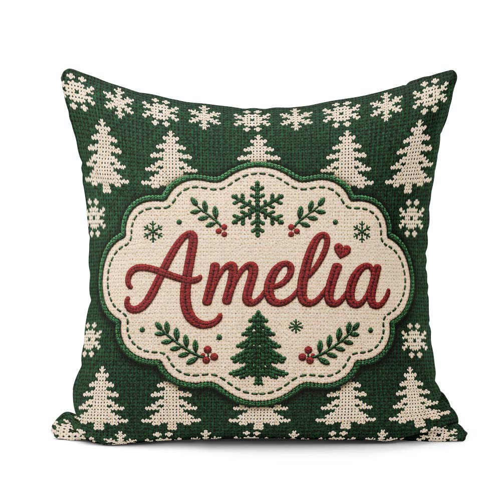 Custom Name Dark Green Knitted Christmas Tree Snowflake Seamless Square Filled Cushion Throw Pillow Sofa Bed Home Decor Zip Washable UK Made