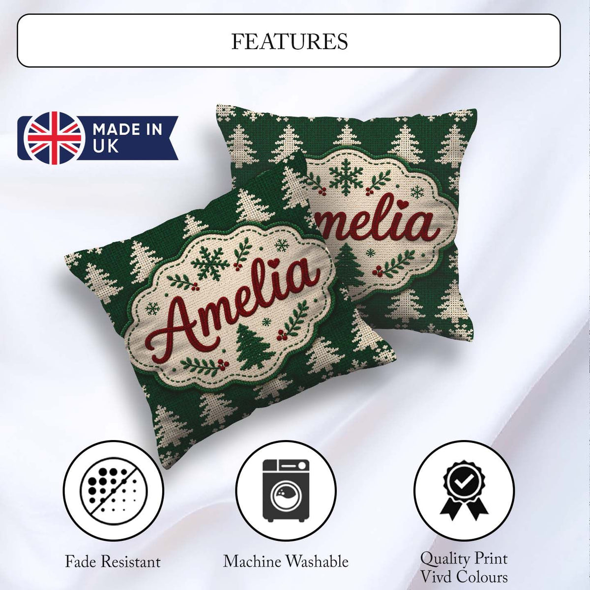 Custom Name Dark Green Knitted Christmas Tree Snowflake Seamless Square Filled Cushion Throw Pillow Sofa Bed Home Decor Zip Washable UK Made