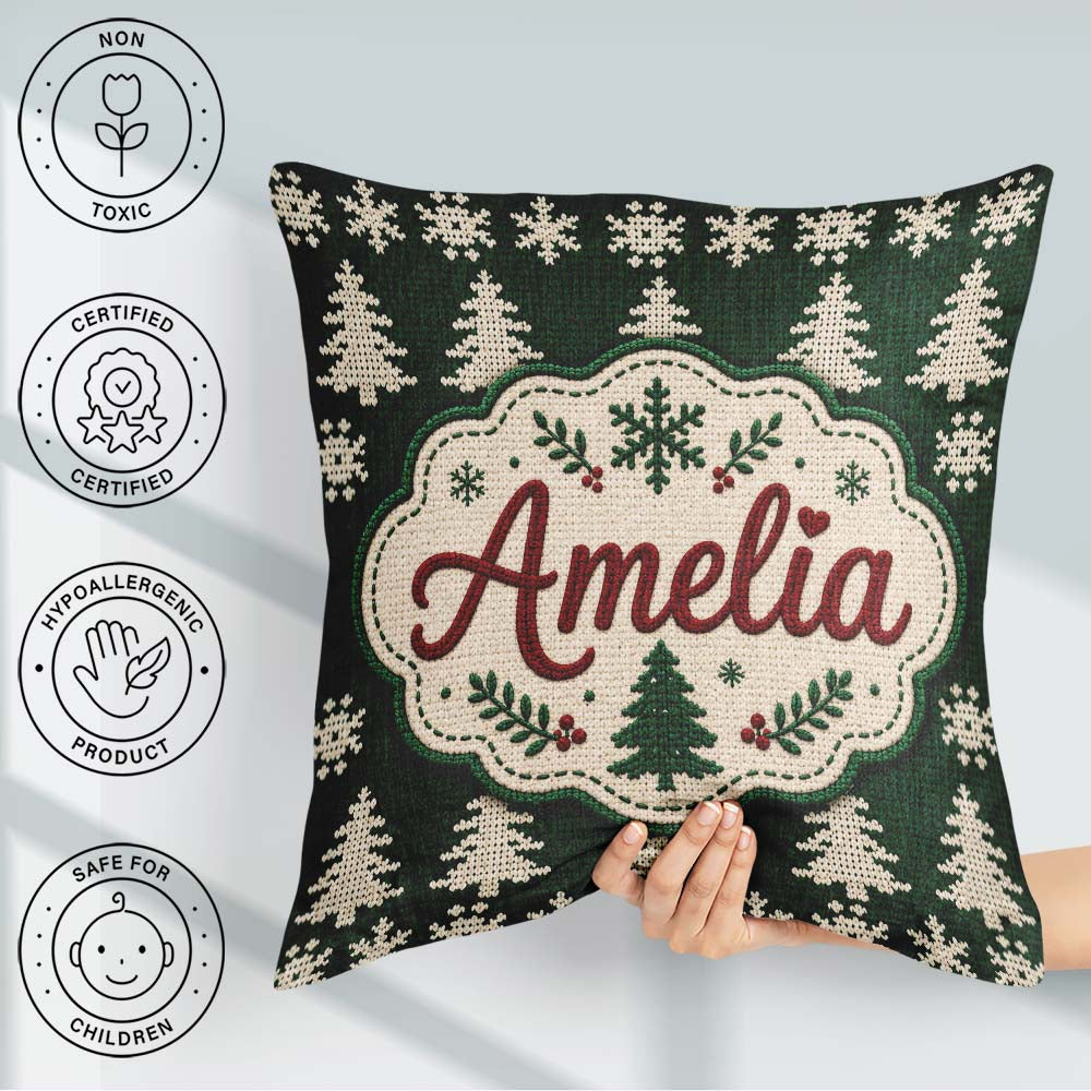 Custom Name Dark Green Knitted Christmas Tree Snowflake Seamless Square Filled Cushion Throw Pillow Sofa Bed Home Decor Zip Washable UK Made