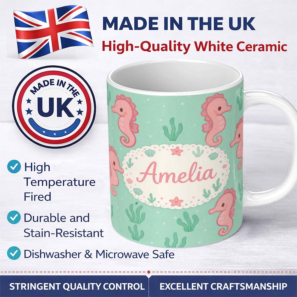Personalized Custom Name Cute Seahorse Ocean Cartoon Animal Pattern Stylish Everyday Mug 11oz Ceramic Coffee Tea Mug White Large Handle