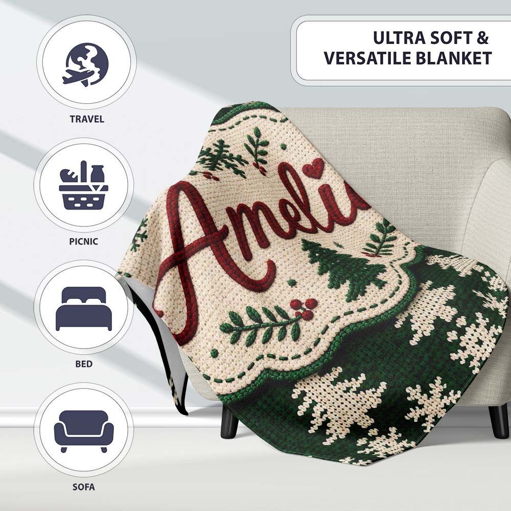 Cute Dark Green Knitted Christmas Tree Snowflake Seamless Pattern Personalised Custom Name Super Soft Fleece Blanket Bed Sofa Throw
