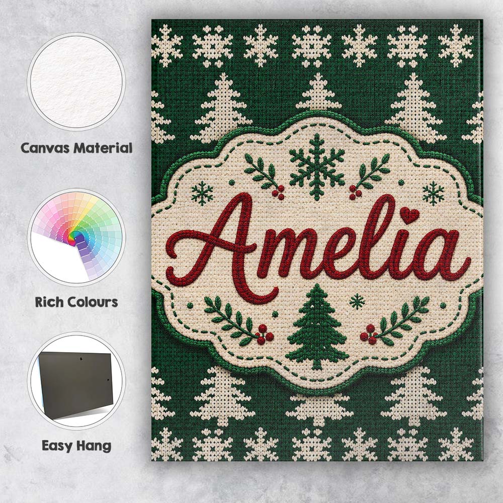 Personalised Name Cute Dark Green Knitted Custom Unique Gift Idea Elegant Feature Canvas Wall Art Print Decor Picture Ready to Hang