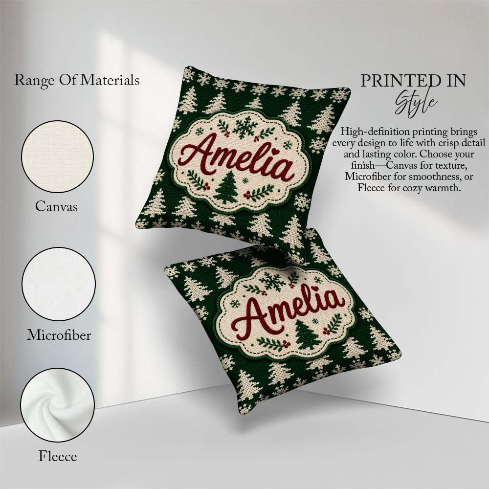 Custom Name Dark Green Knitted Christmas Tree Snowflake Seamless Square Filled Cushion Throw Pillow Sofa Bed Home Decor Zip Washable UK Made