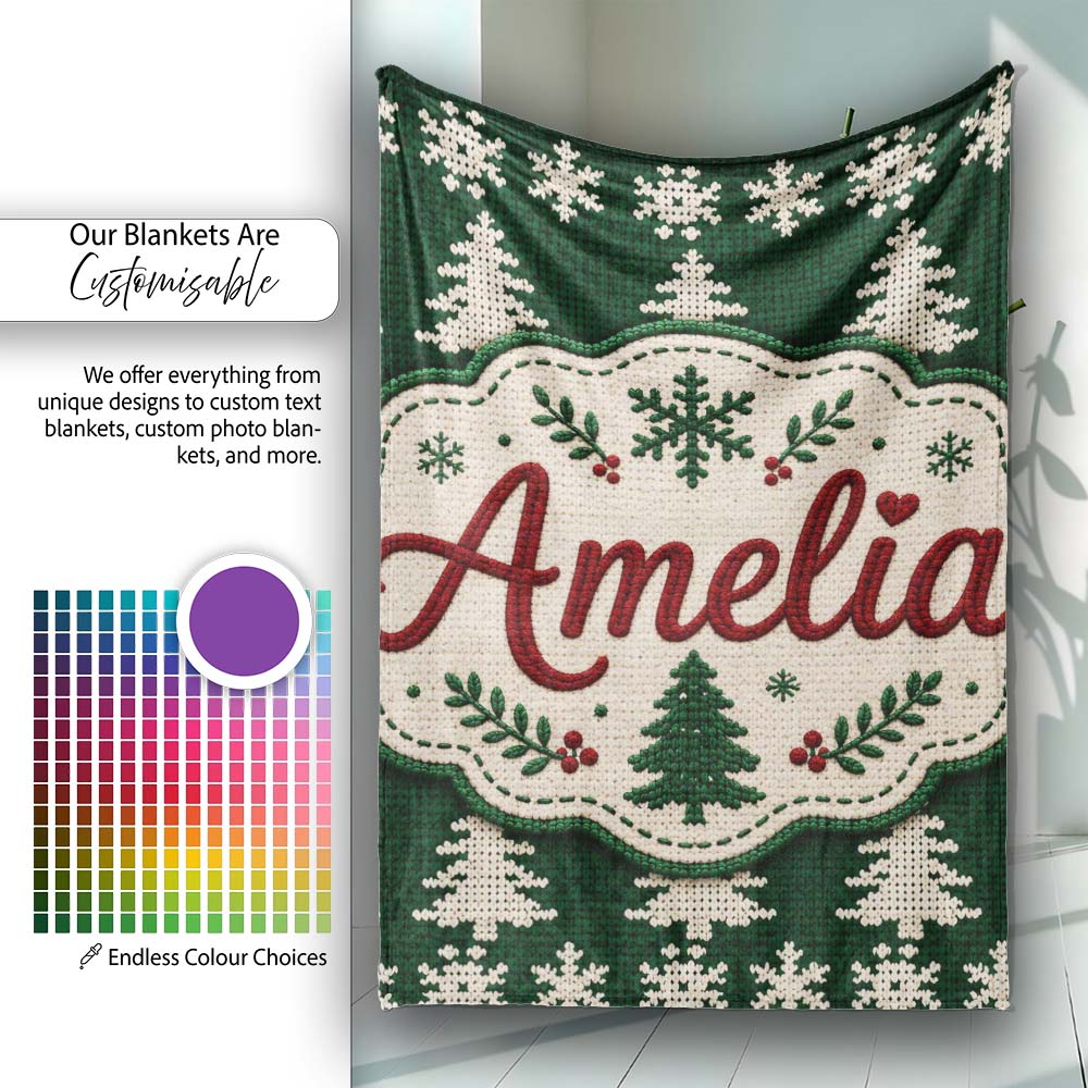 Cute Dark Green Knitted Christmas Tree Snowflake Seamless Pattern Personalised Custom Name Super Soft Fleece Blanket Bed Sofa Throw