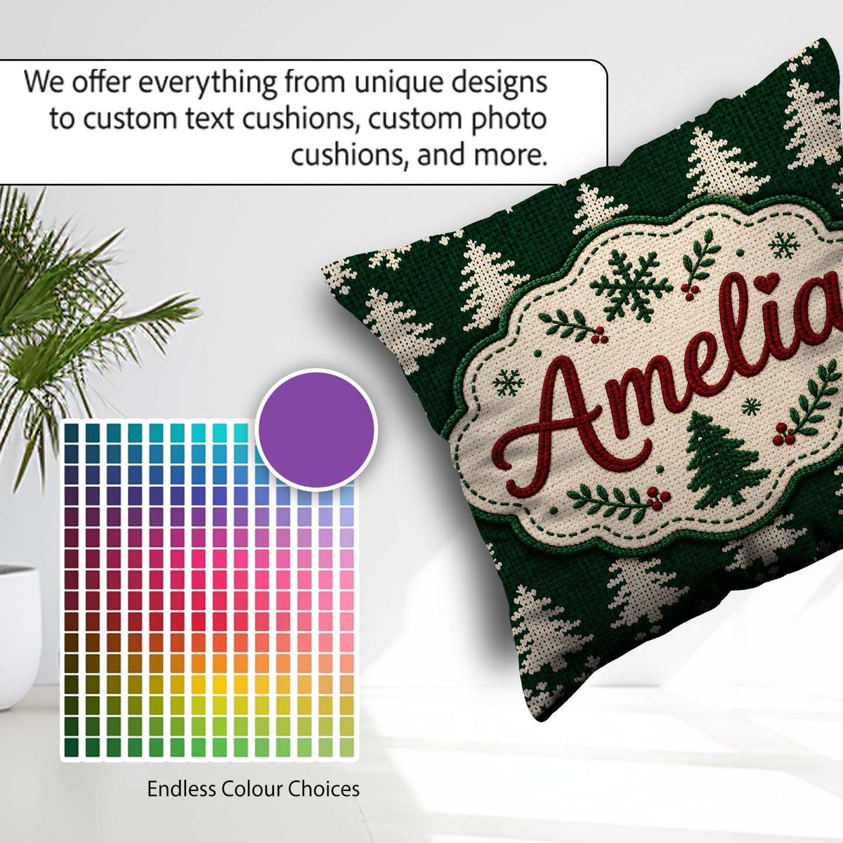 Custom Name Dark Green Knitted Christmas Tree Snowflake Seamless Square Filled Cushion Throw Pillow Sofa Bed Home Decor Zip Washable UK Made