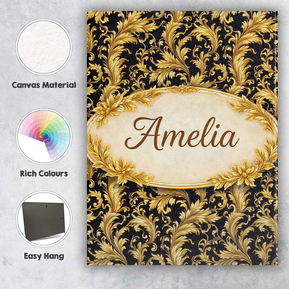 Personalised Name Classic Gold Black Baroque Seamless Pattern Custom Contemporary Display Canvas Wall Art Print Decor Picture Ready to Hang