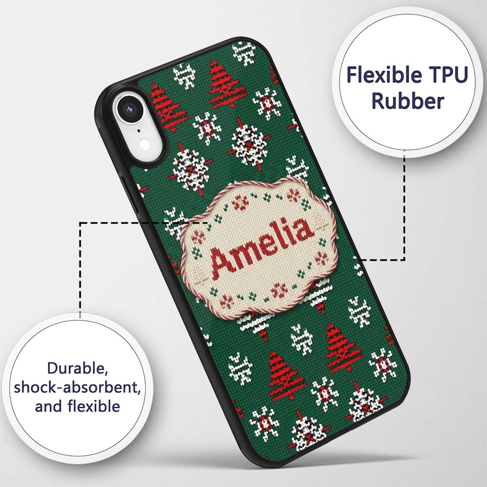 Cute Green Knitted Christmas Tree Printed Design Custom Name Protective Phone Case Mobile Cover Durable Everyday Smartphone Shock Resistant