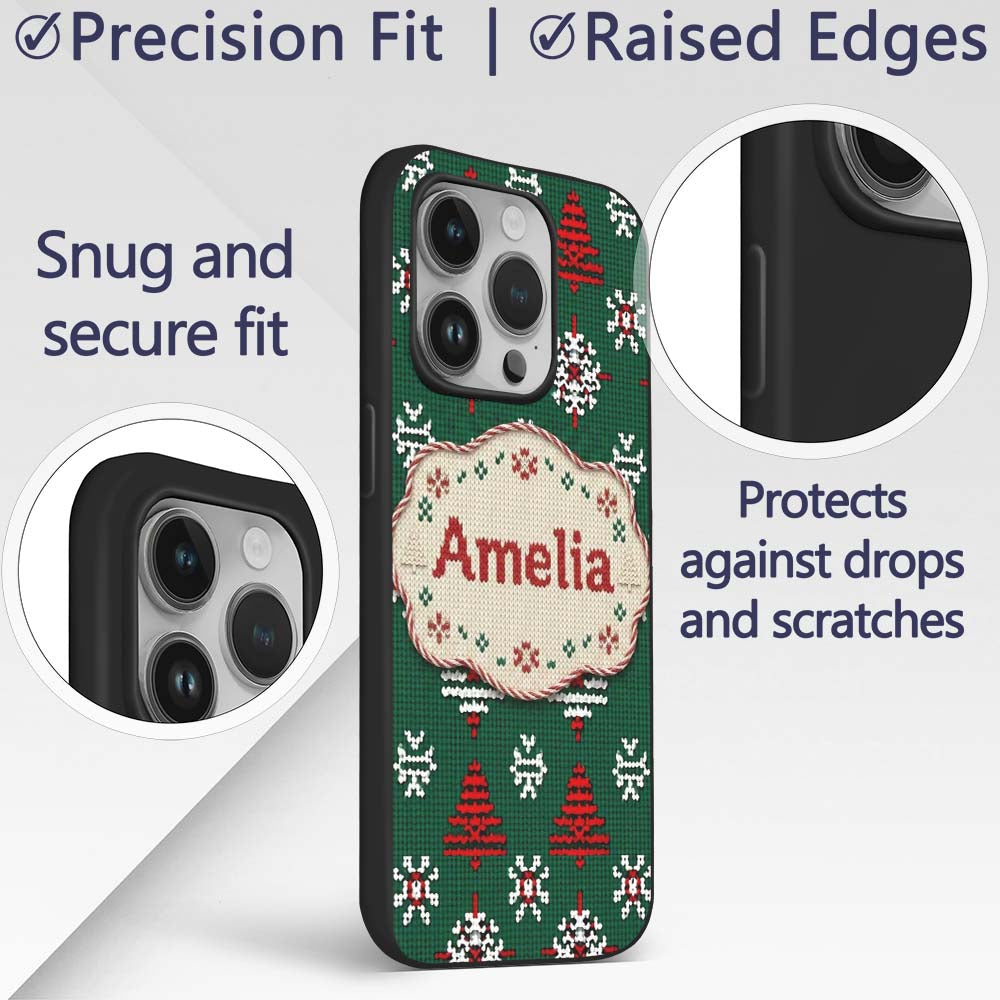 Cute Green Knitted Christmas Tree Printed Design Custom Name Protective Phone Case Mobile Cover Durable Everyday Smartphone Shock Resistant