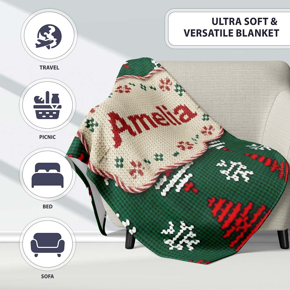 Cute Green Knitted Christmas Tree Reindeer Snowflake Nordic Seamless Personalised Custom Name Super Soft Fleece Blanket Bed Sofa Throw