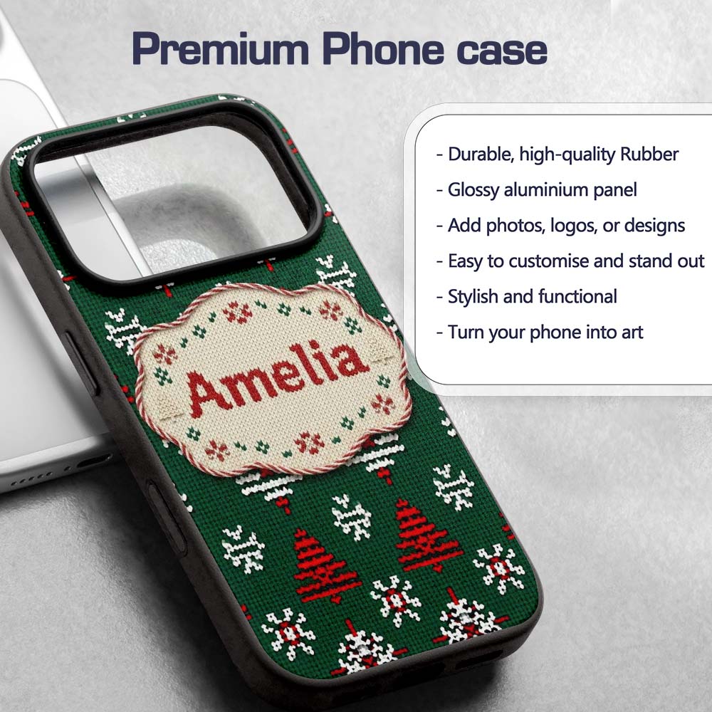 Cute Green Knitted Christmas Tree Printed Design Custom Name Protective Phone Case Mobile Cover Durable Everyday Smartphone Shock Resistant