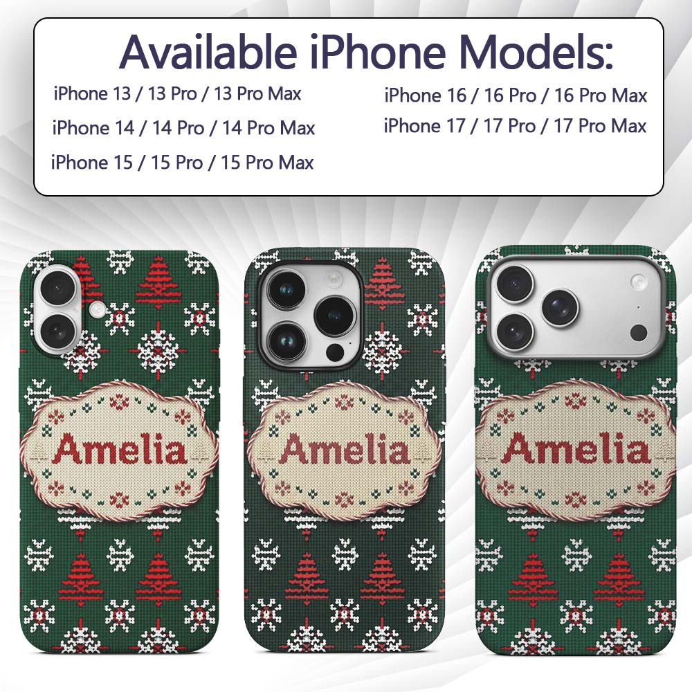Cute Green Knitted Christmas Tree Printed Design Custom Name Protective Phone Case Mobile Cover Durable Everyday Smartphone Shock Resistant