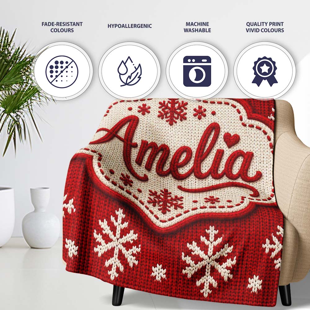 Cute Red Knitted Christmas Tree Snowflake Nordic Fair Isle Seamless Personalised Custom Name Super Soft Fleece Blanket Bed Sofa Throw