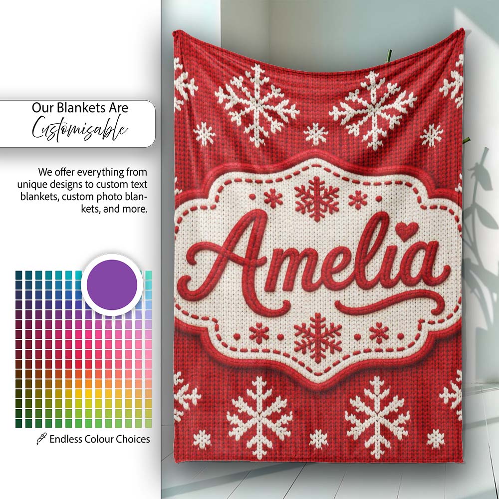 Cute Red Knitted Christmas Tree Snowflake Nordic Fair Isle Seamless Personalised Custom Name Super Soft Fleece Blanket Bed Sofa Throw