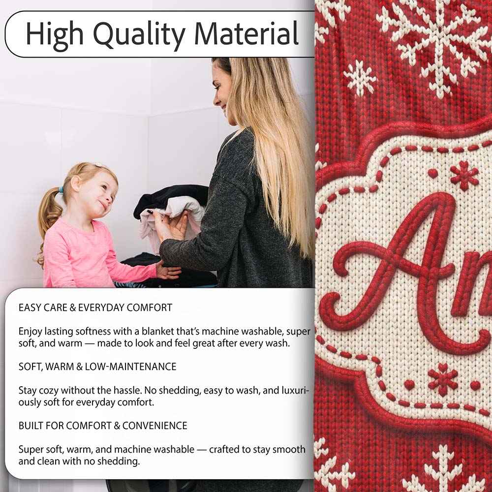 Cute Red Knitted Christmas Tree Snowflake Nordic Fair Isle Seamless Personalised Custom Name Super Soft Fleece Blanket Bed Sofa Throw