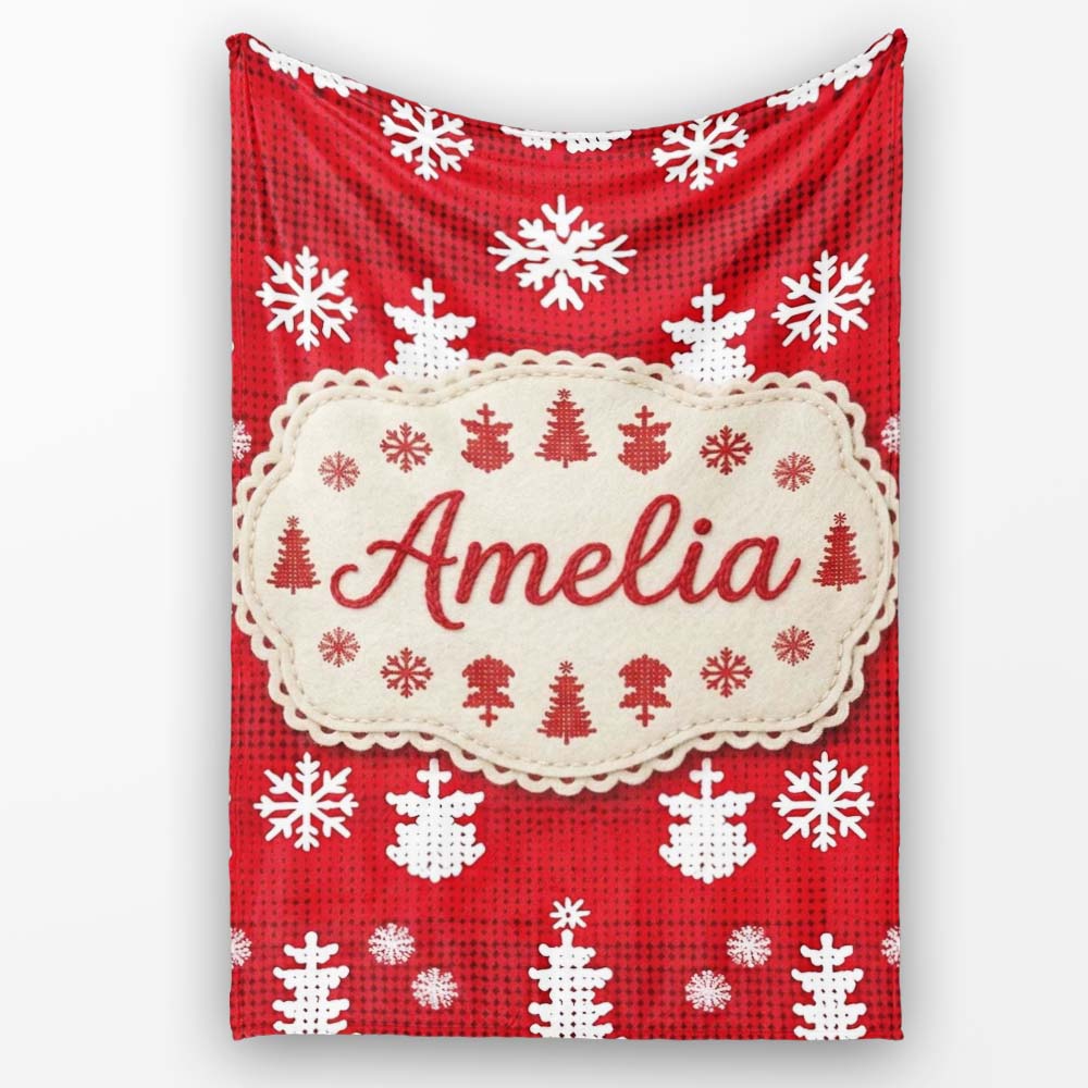 Cute Red Knitted Christmas Tree Snowflake Nordic Festive Seamless Personalised Custom Name Super Soft Fleece Blanket Bed Sofa Throw