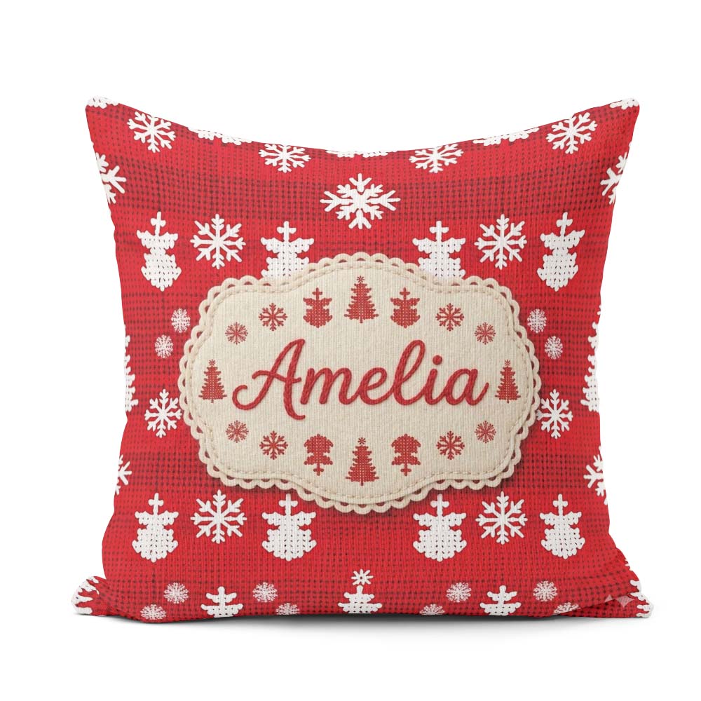 Custom Name Red Knitted Christmas Tree Snowflake Nordic Seamless Square Filled Cushion Throw Pillow Sofa Bed Home Decor Zip Washable UK Made