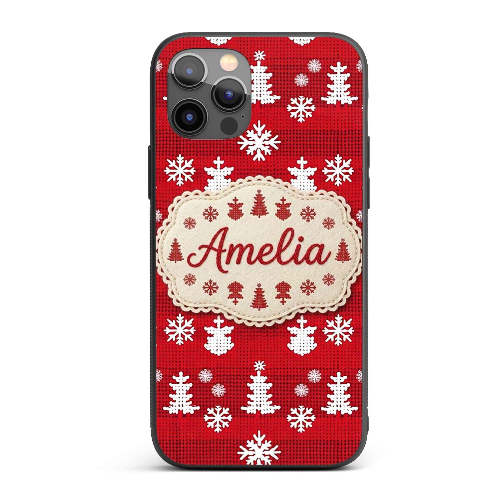 Cute Red Knitted Christmas Tree Snowflake Nordic Custom Name Protective Phone Case Mobile Cover Durable Everyday Smartphone Shock Resistant