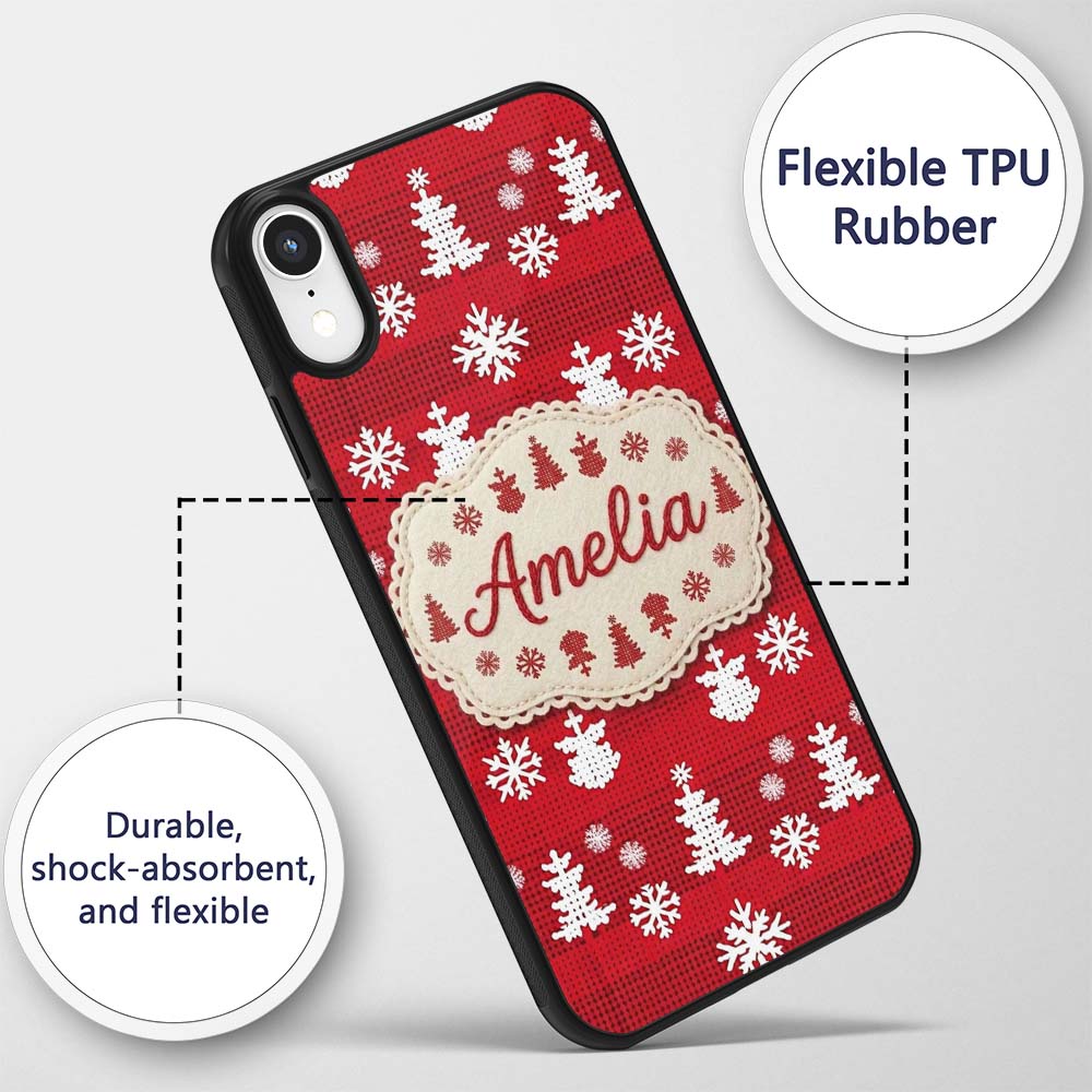 Cute Red Knitted Christmas Tree Snowflake Nordic Custom Name Protective Phone Case Mobile Cover Durable Everyday Smartphone Shock Resistant