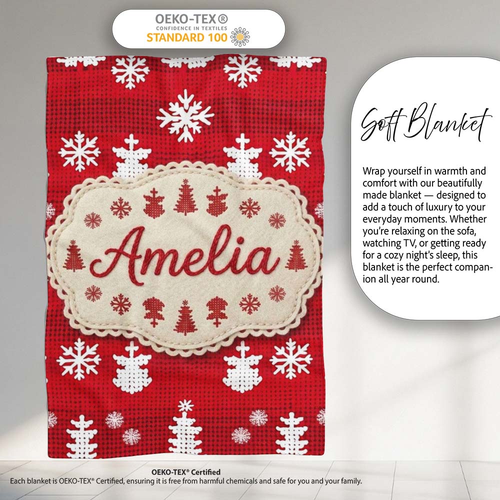 Cute Red Knitted Christmas Tree Snowflake Nordic Festive Seamless Personalised Custom Name Super Soft Fleece Blanket Bed Sofa Throw