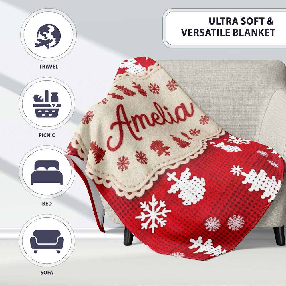 Cute Red Knitted Christmas Tree Snowflake Nordic Festive Seamless Personalised Custom Name Super Soft Fleece Blanket Bed Sofa Throw