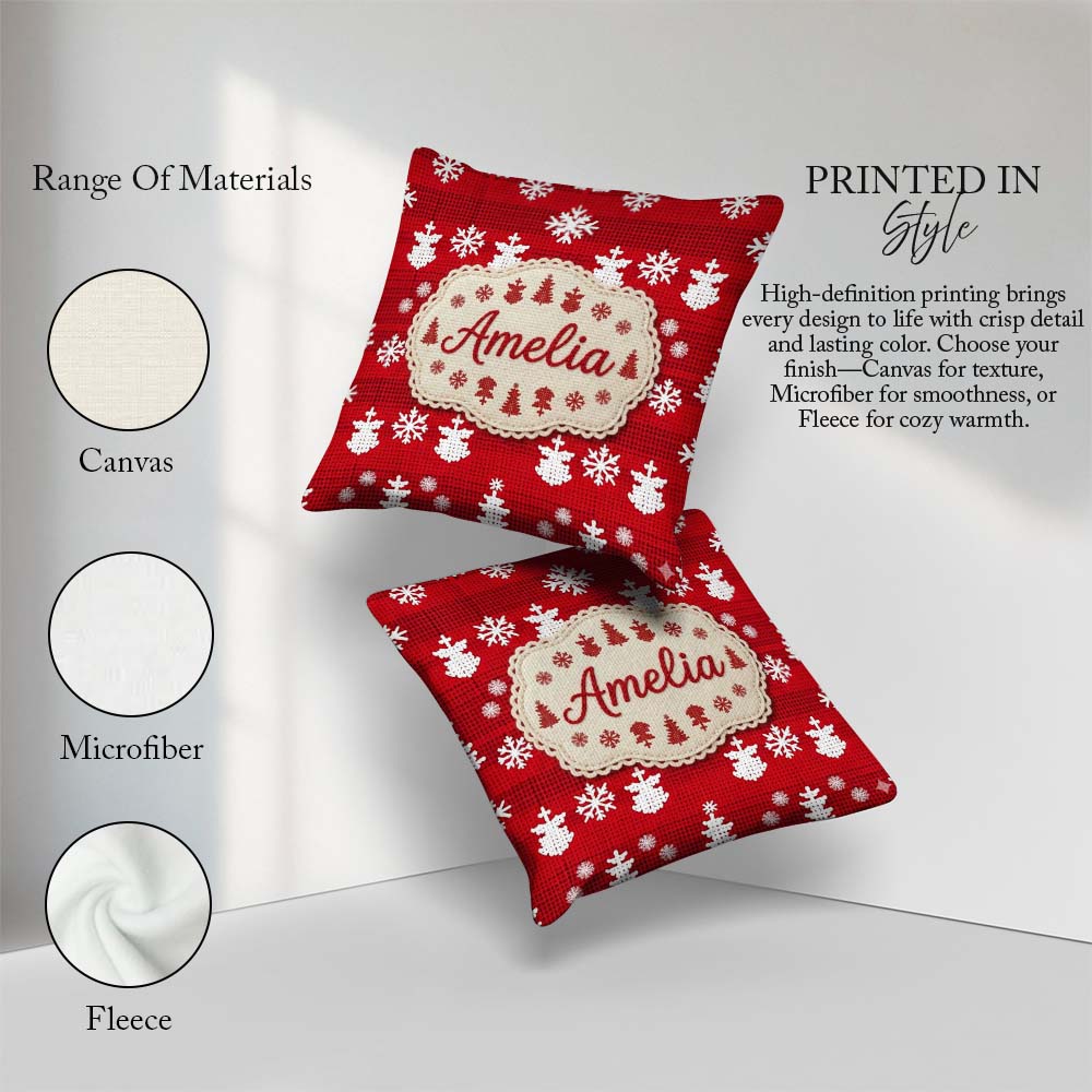 Custom Name Red Knitted Christmas Tree Snowflake Nordic Seamless Square Filled Cushion Throw Pillow Sofa Bed Home Decor Zip Washable UK Made