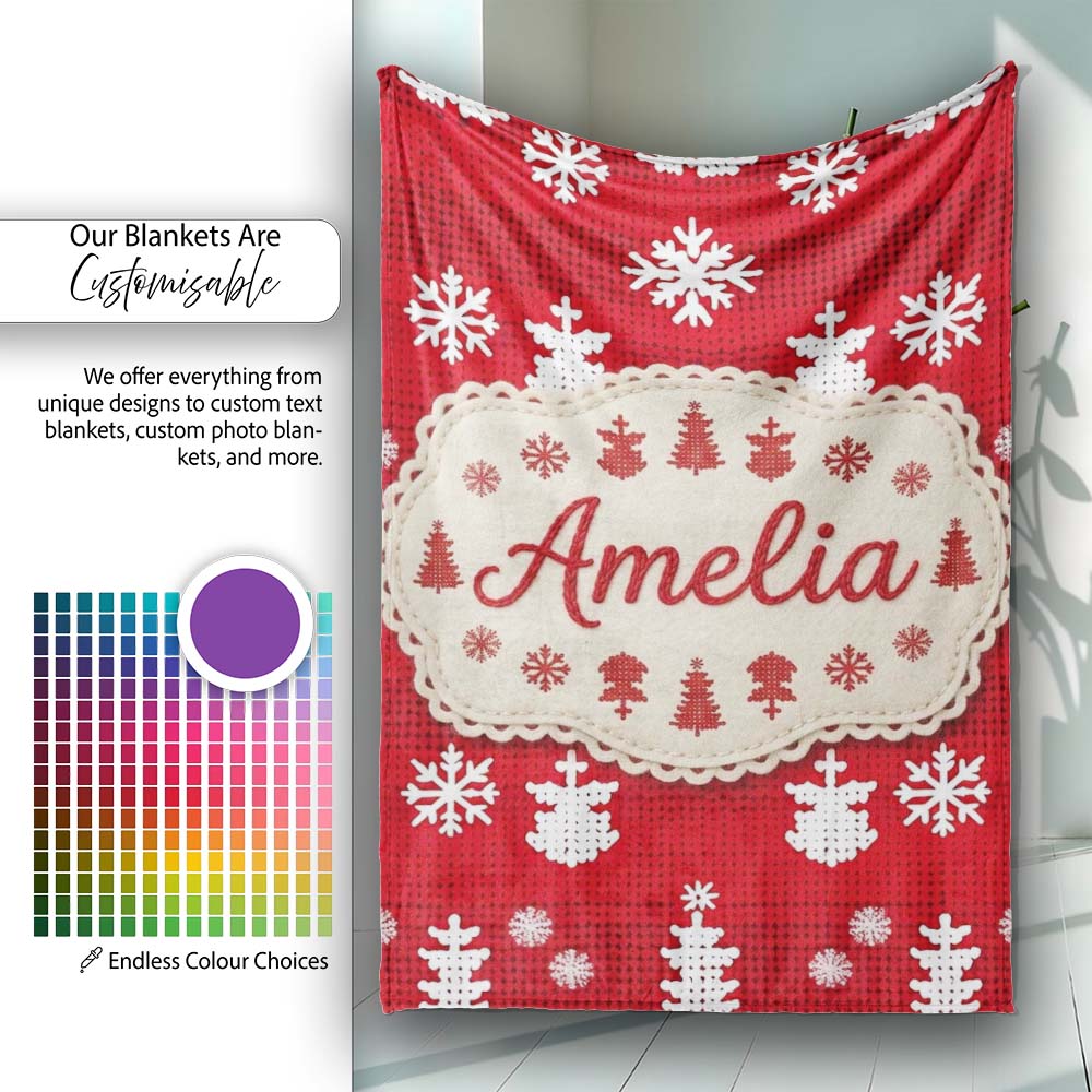 Cute Red Knitted Christmas Tree Snowflake Nordic Festive Seamless Personalised Custom Name Super Soft Fleece Blanket Bed Sofa Throw
