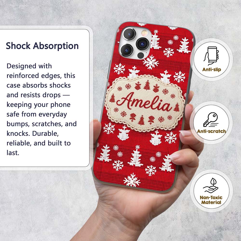 Cute Red Knitted Christmas Tree Snowflake Nordic Custom Name Protective Phone Case Mobile Cover Durable Everyday Smartphone Shock Resistant