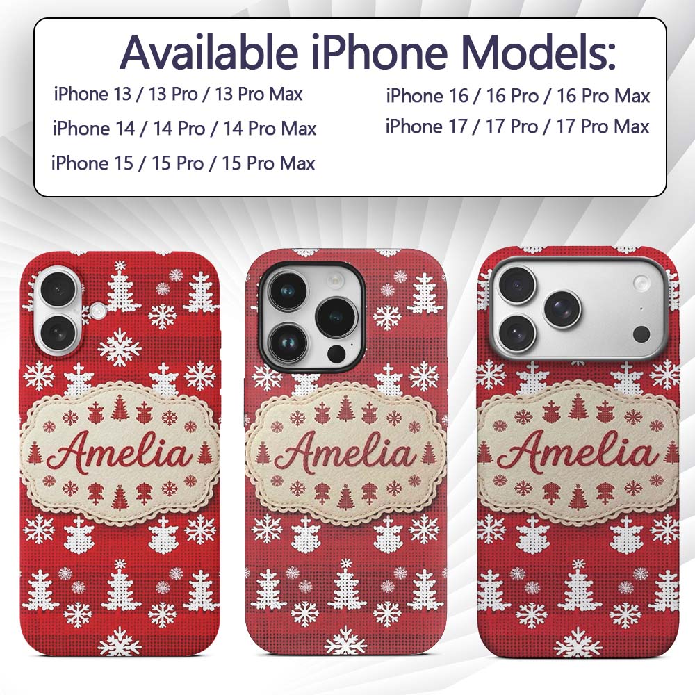 Cute Red Knitted Christmas Tree Snowflake Nordic Custom Name Protective Phone Case Mobile Cover Durable Everyday Smartphone Shock Resistant