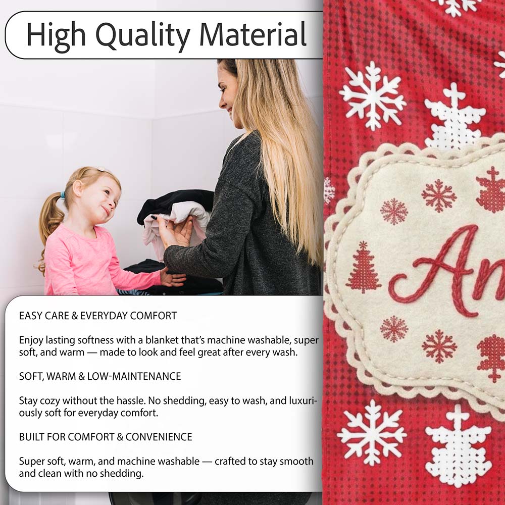 Cute Red Knitted Christmas Tree Snowflake Nordic Festive Seamless Personalised Custom Name Super Soft Fleece Blanket Bed Sofa Throw