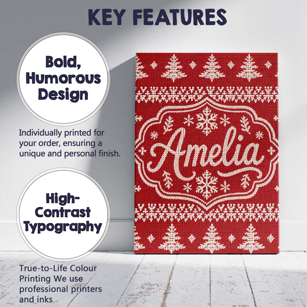 Personalised Name Cute Red Knitted Christmas Custom Bespoke Contemporary Display Canvas Wall Art Print Decor Picture Ready to Hang