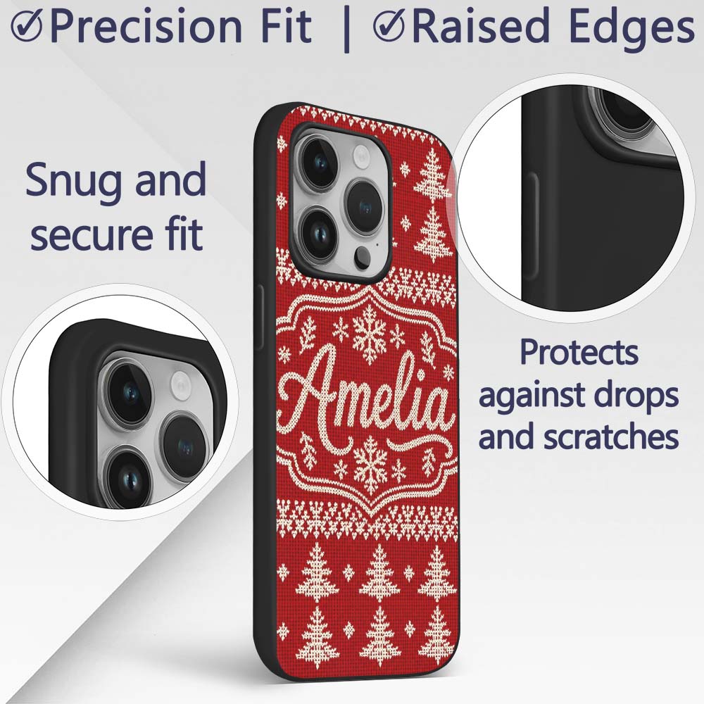 Cute Red Knitted Christmas Tree Snowflake Nordic Custom Name Protective Phone Case Mobile Cover Durable Everyday Smartphone Shock Resistant