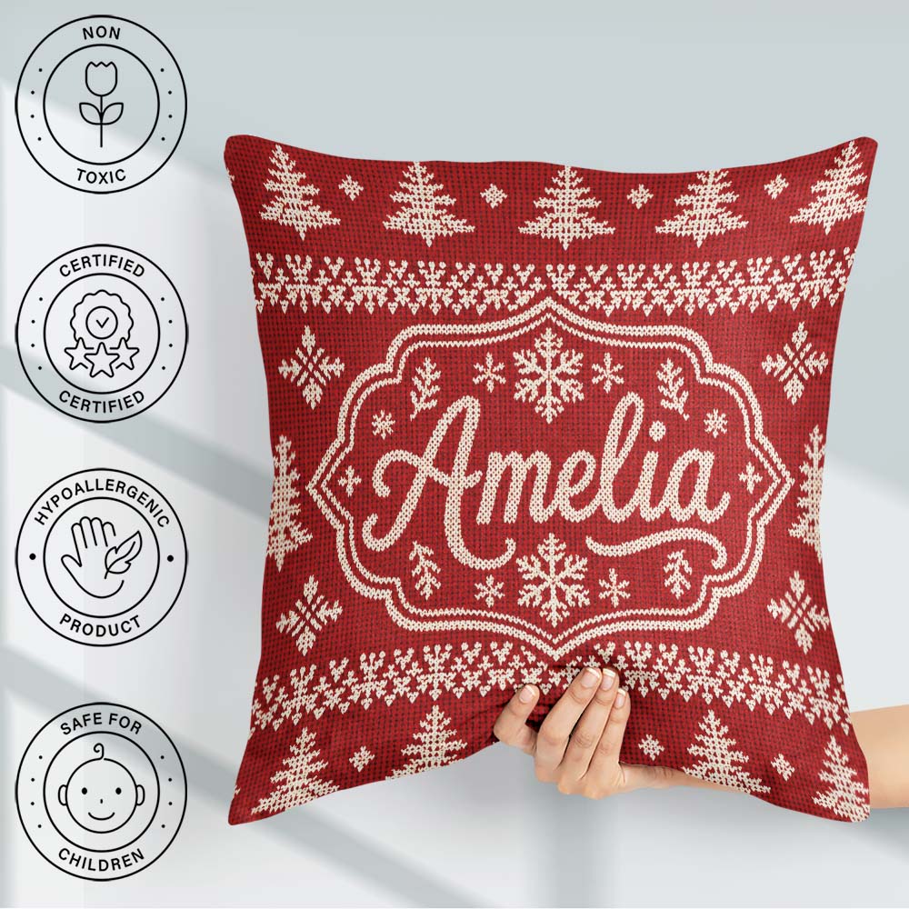 Custom Name Red Knitted Christmas Tree Snowflake Nordic Seamless Square Filled Cushion Throw Pillow Sofa Bed Home Decor Zip Washable UK Made