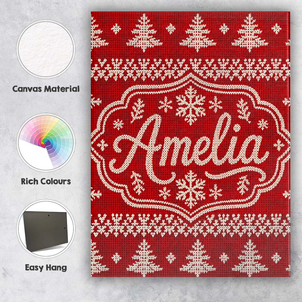 Personalised Name Cute Red Knitted Christmas Custom Bespoke Contemporary Display Canvas Wall Art Print Decor Picture Ready to Hang
