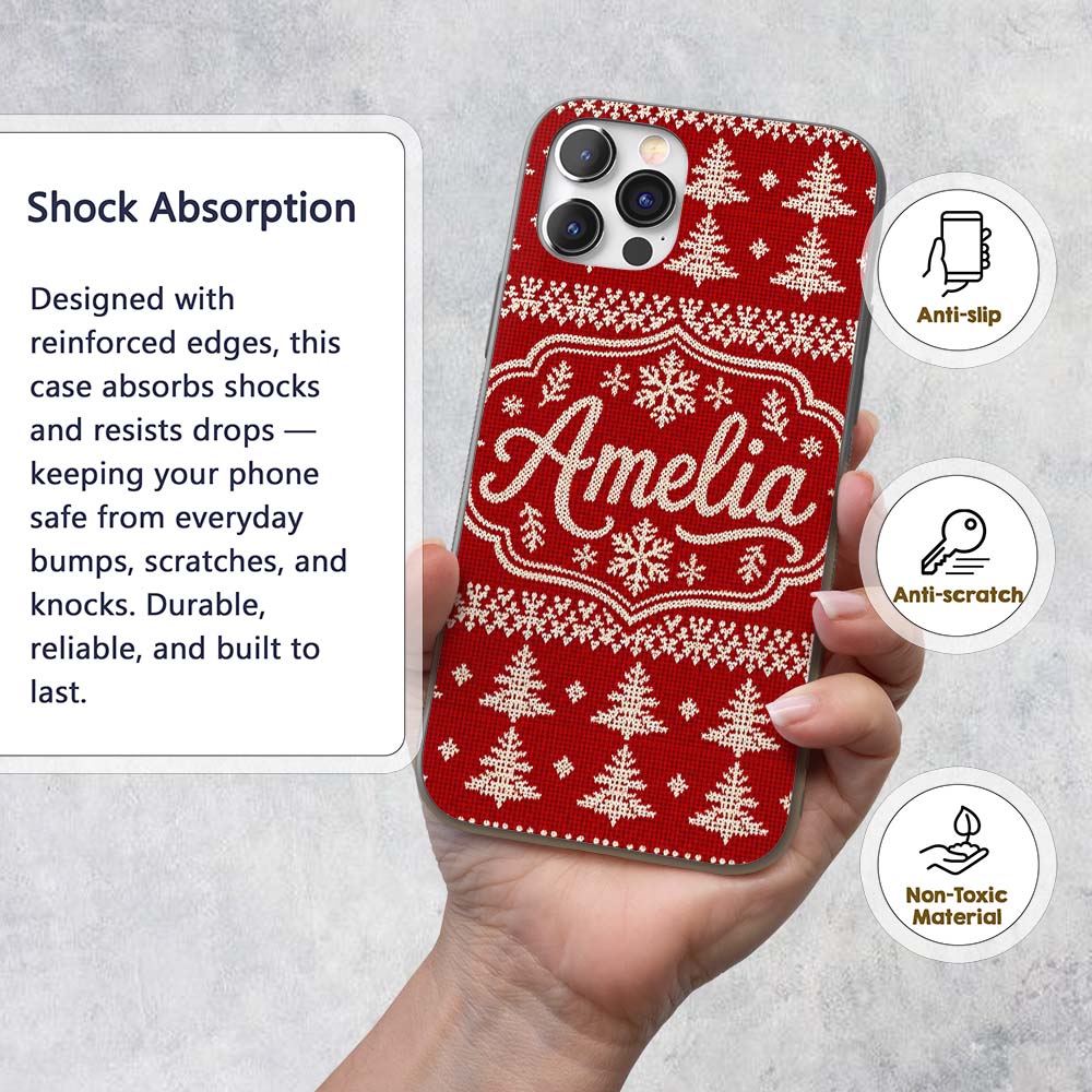 Cute Red Knitted Christmas Tree Snowflake Nordic Custom Name Protective Phone Case Mobile Cover Durable Everyday Smartphone Shock Resistant