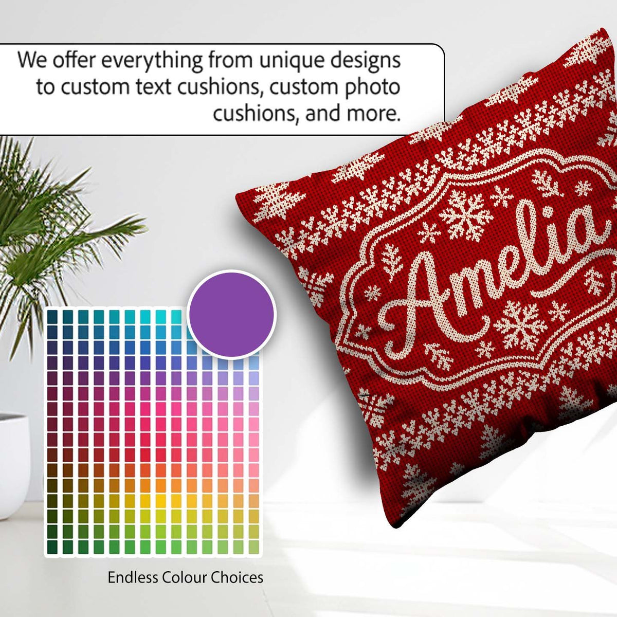 Custom Name Red Knitted Christmas Tree Snowflake Nordic Seamless Square Filled Cushion Throw Pillow Sofa Bed Home Decor Zip Washable UK Made