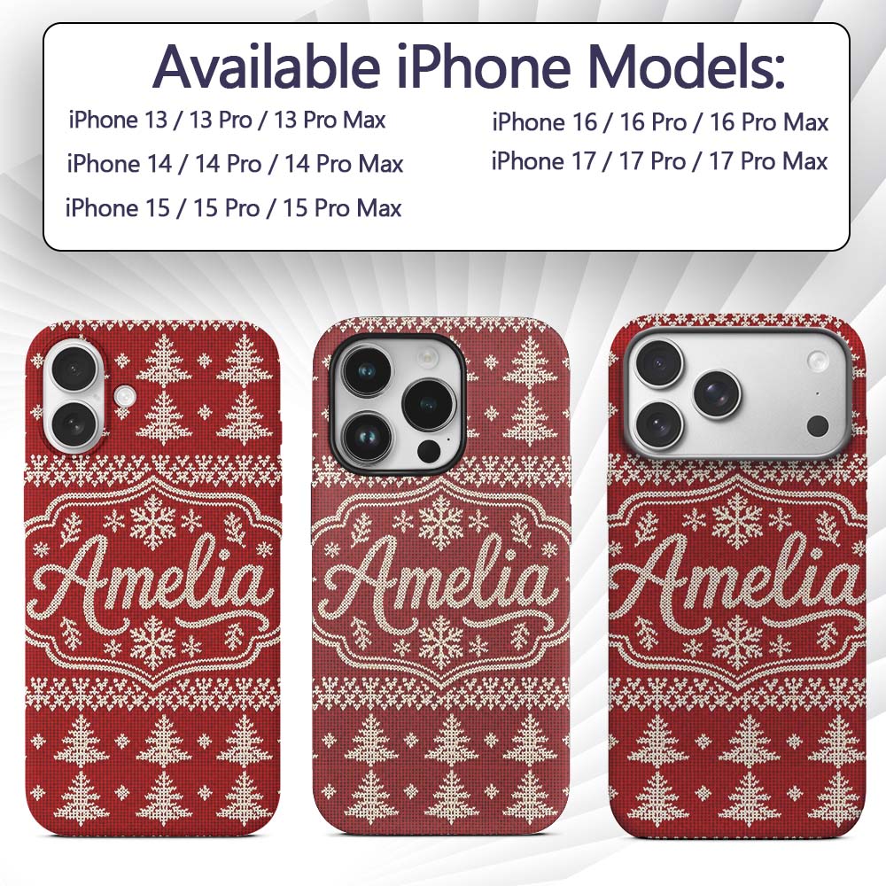 Cute Red Knitted Christmas Tree Snowflake Nordic Custom Name Protective Phone Case Mobile Cover Durable Everyday Smartphone Shock Resistant