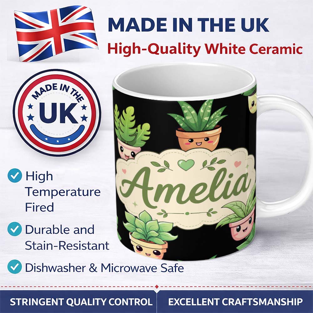 Personalized Custom Name Cute Kawaii Cute Plant Pots Leaves Seamless Pattern Black Background 11oz Ceramic Coffee Tea Mug White Large Handle