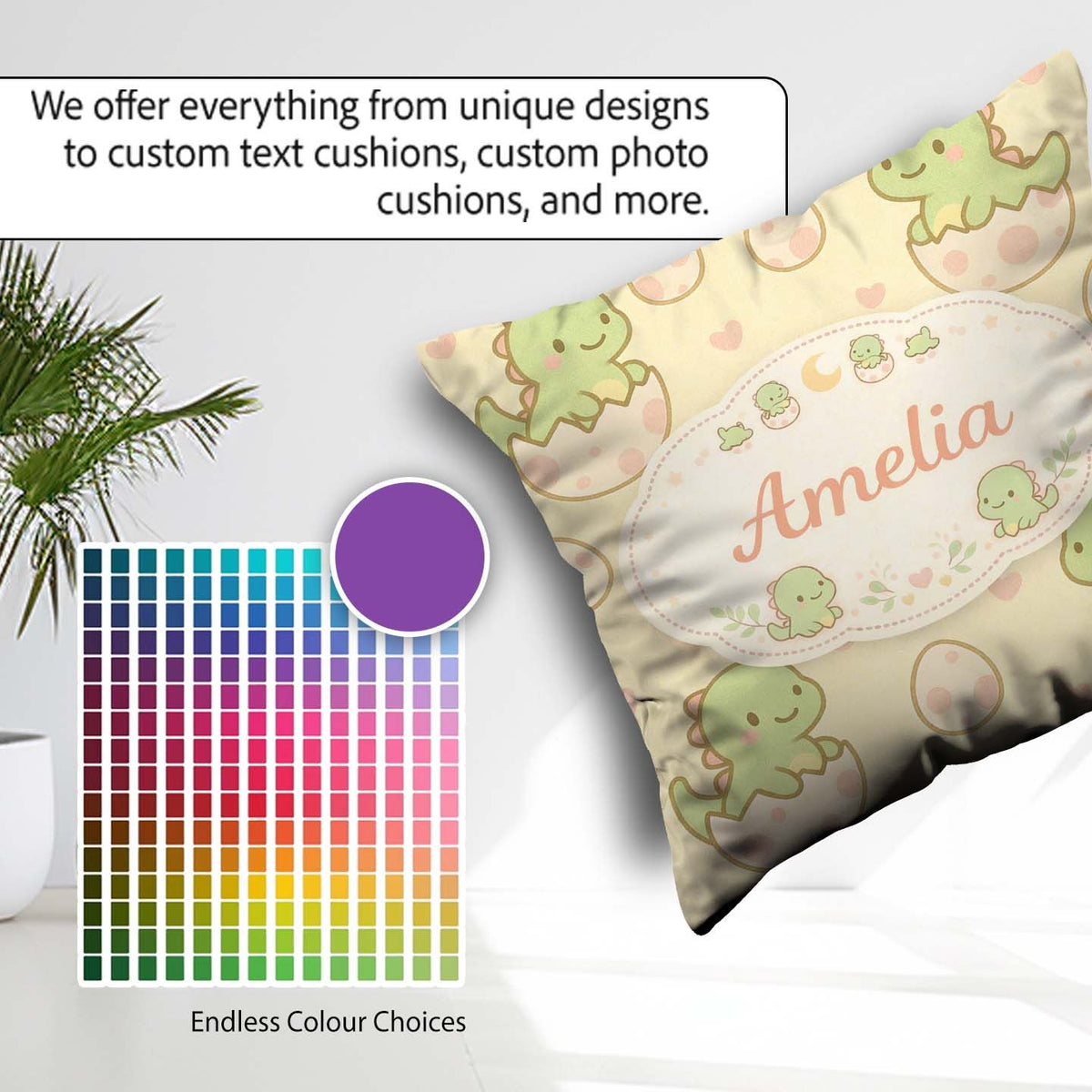 Custom Name Cute Baby Dinosaur Egg Cartoon Animal Pattern Cute Square Filled Cushion Throw Pillow Sofa Bed Home Decor Zip Washable UK Made