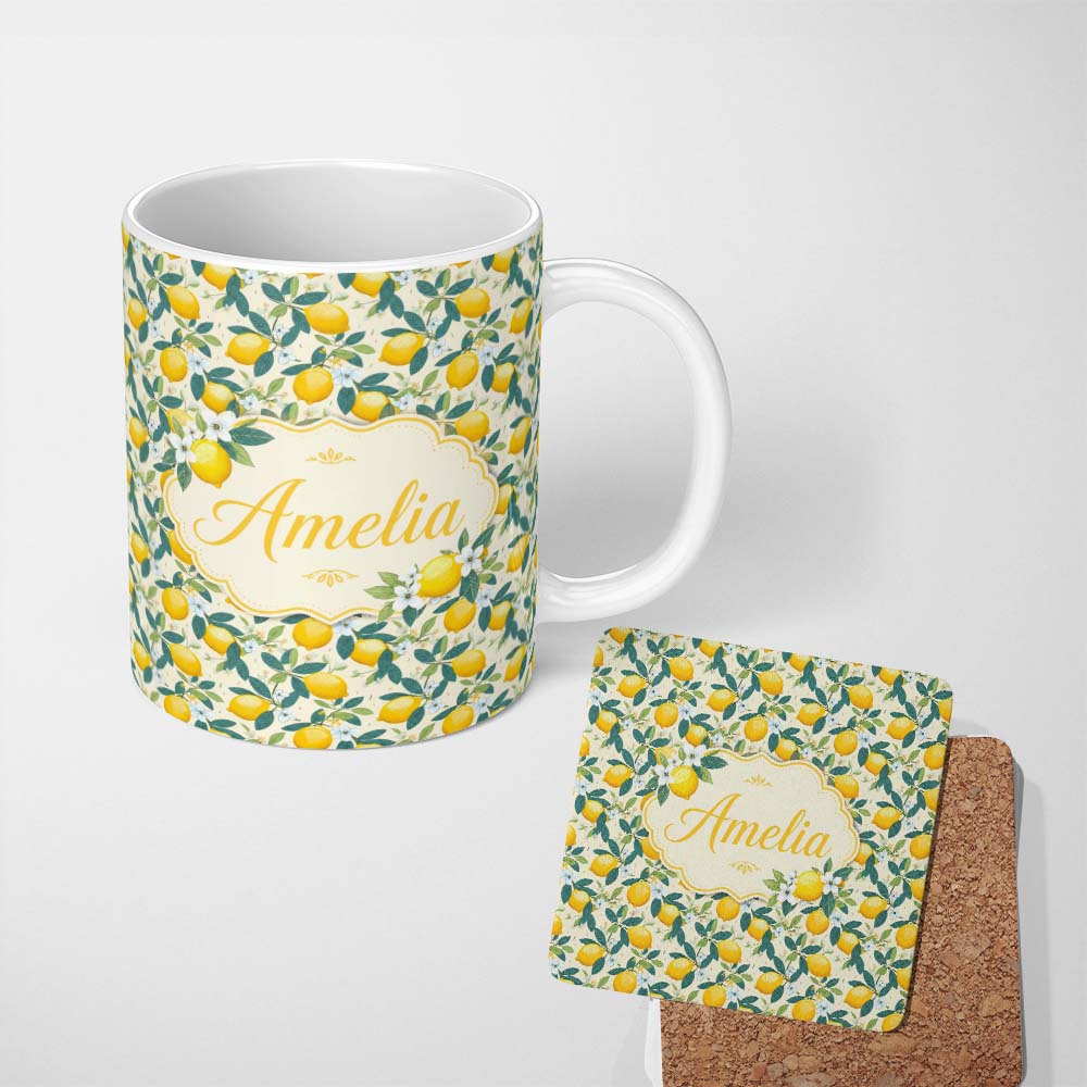Personalized Custom Name Classic Lemon Branches with White Blossoms Neutral Background Lovely 11oz Ceramic Coffee Tea Mug White Large Handle