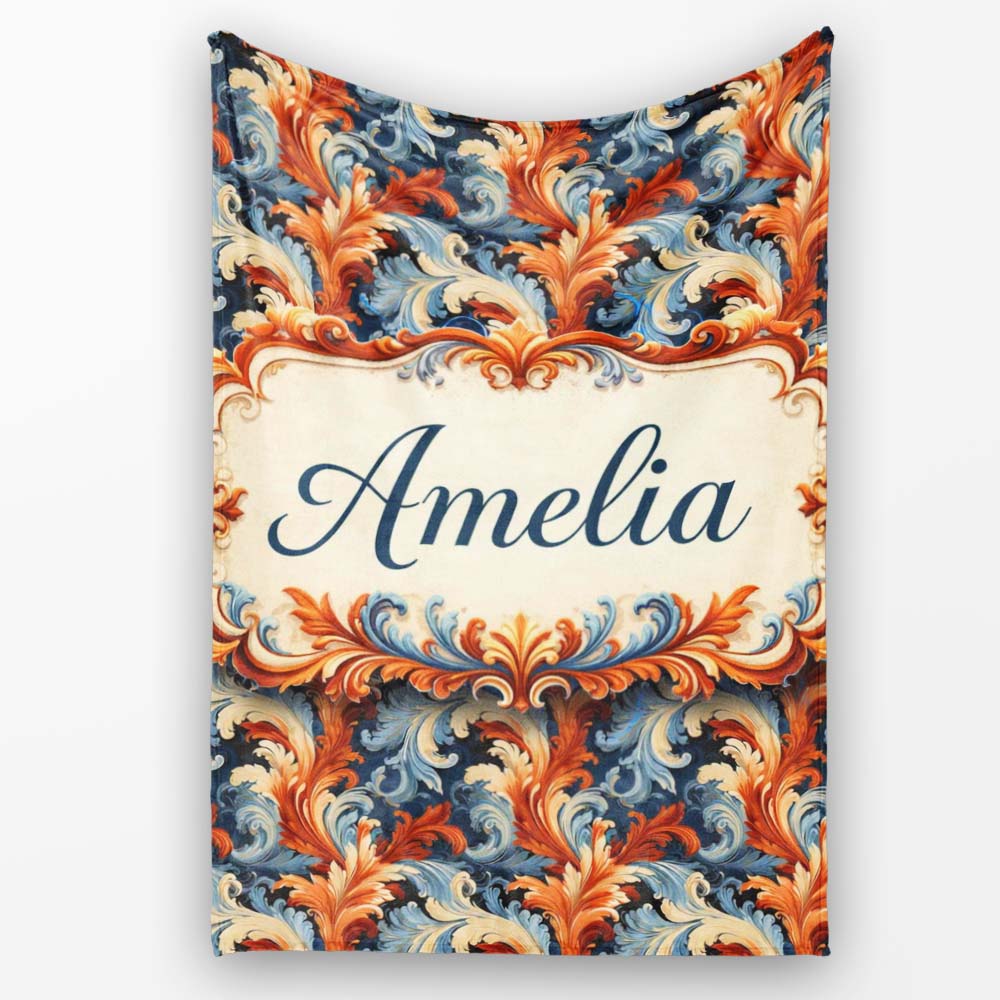 Blue Orange Baroque Floral Artistic Ornamental Decorative Design Personalised Custom Name Super Soft Fleece Blanket Bed Sofa Throw