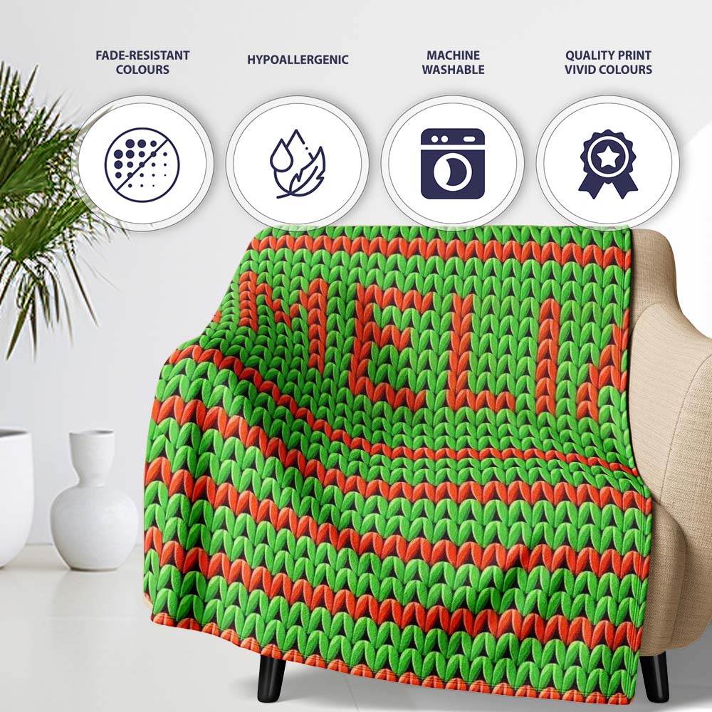 Cute Festive Knit Green Red White Nordic Textile Seamless Pattern Personalised Custom Name Super Soft Fleece Blanket Bed Sofa Throw