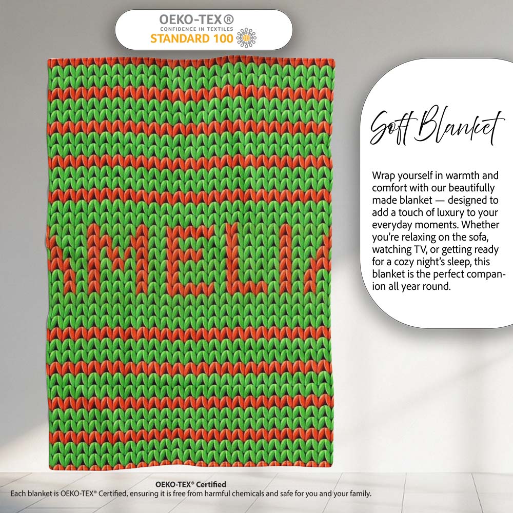 Cute Festive Knit Green Red White Nordic Textile Seamless Pattern Personalised Custom Name Super Soft Fleece Blanket Bed Sofa Throw